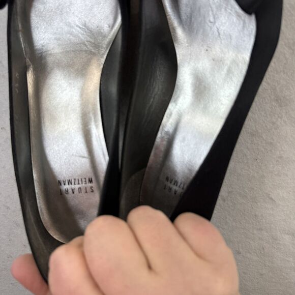 STUART WEITZMAN Women Sz 9.5 Black Satin Peep Toe Bow Stiletto Heels GIGIRITZ 3” - Picture 6 of 13